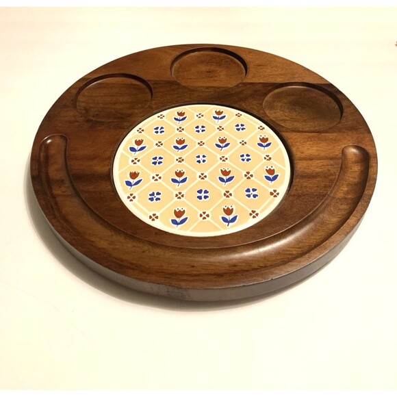 Vintage Gailstyn Sutton Wood Serving Tray Floral Tile Insert Taiwan Party Snacks - Picture 3 of 9